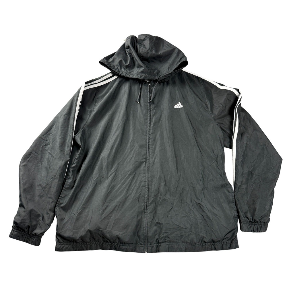 Adidas Mens XL Black Full Zip Hooded Windbreaker Jacket 3 Stripe Lightweight